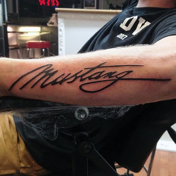 Script Mustang Lettering Guys Outer Forearm Tattoo