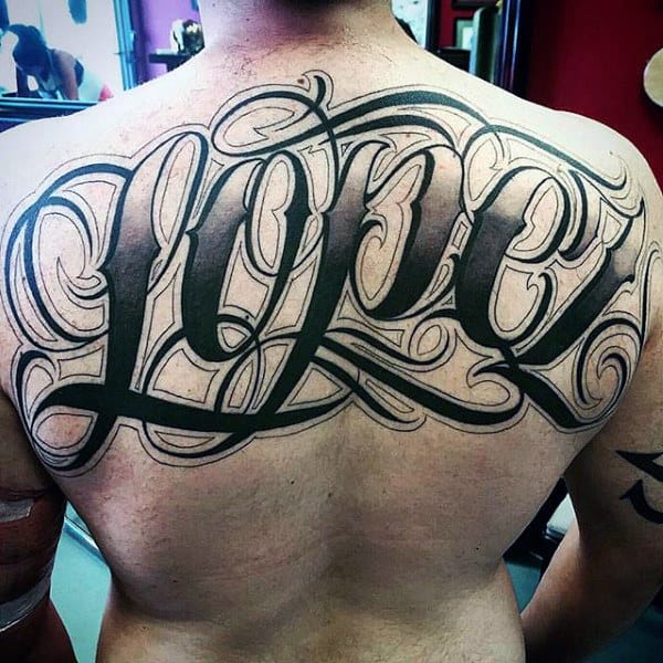 Script Shaded Upper Back Lopez Last Name Tattoo For Guys