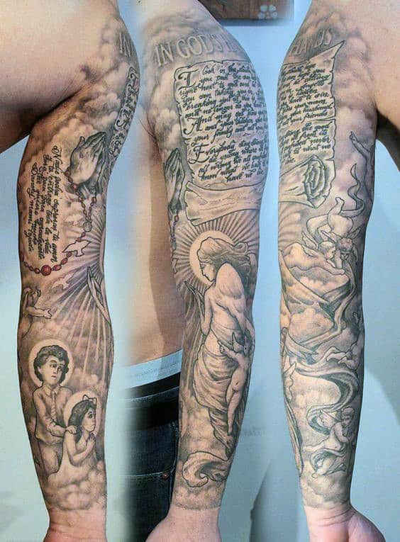 Scroll Mens Full Sleeve Religious Tattoo Designs