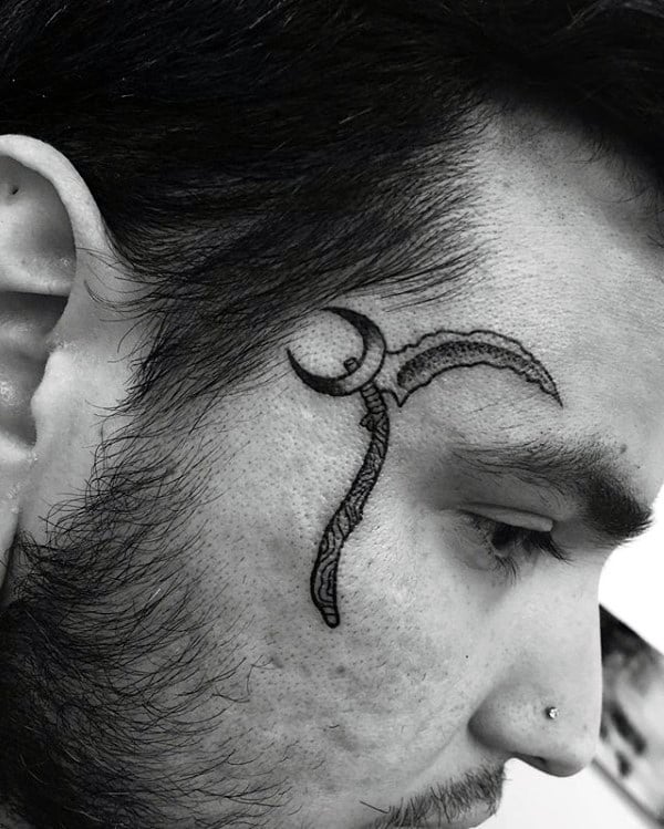 Scythe With Moon Mens Face Tattoos