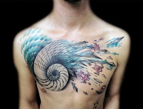 Sea Shell Male Origami Turtle Chest Tattoo With Watercolor Design