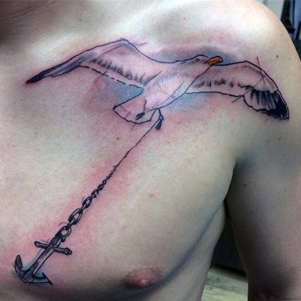 Seagul Flying With Anchor Guys Unique Chest Tattoo