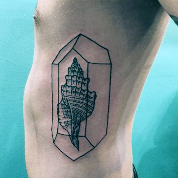 Seashell Inside Black Lines Mens Rib Cage Side Tattoo