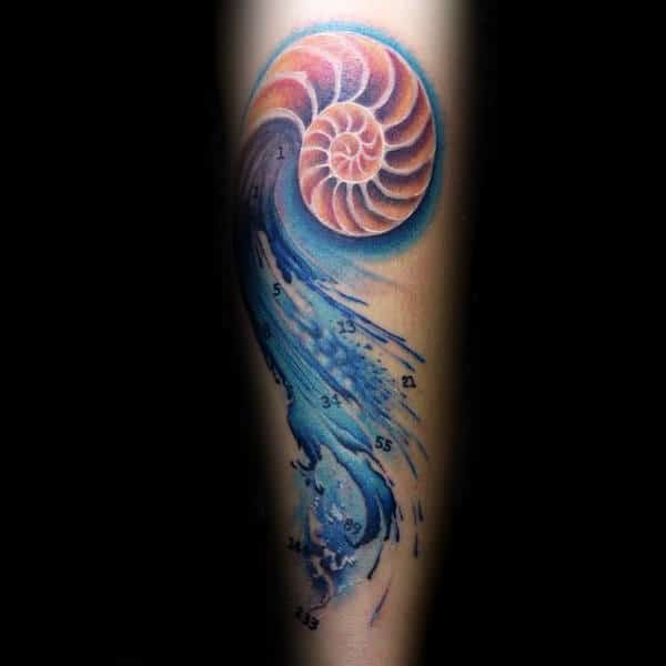 Seashell With Blue Water Waves Guys Fibonacci Spiral Forearm Tattoos