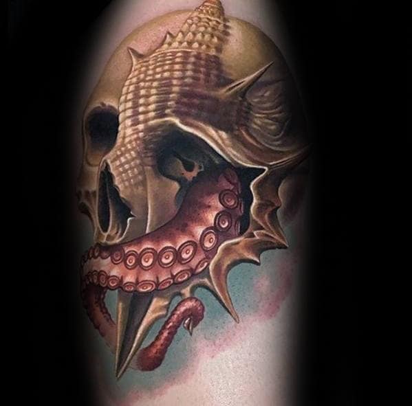 Seashell With Skull And Octopus Guys Modern Arm Tattoos