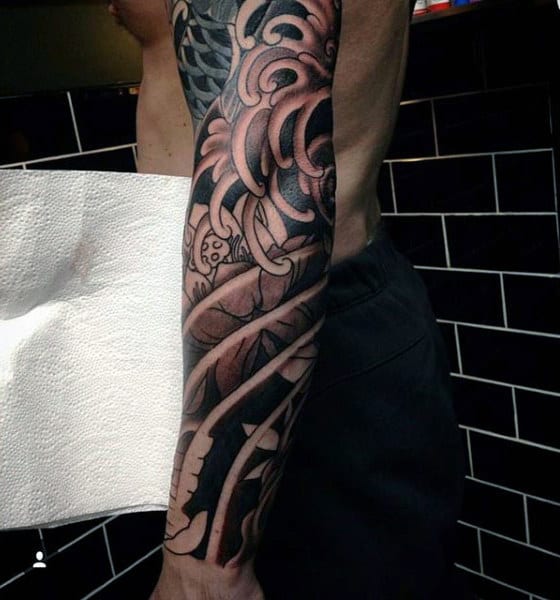 Sepia Shaded Japanese Sleeve Tattoo Guys