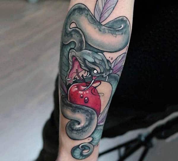 Serpent With Apple Neo Traditinal Tattoo Guys Forearms