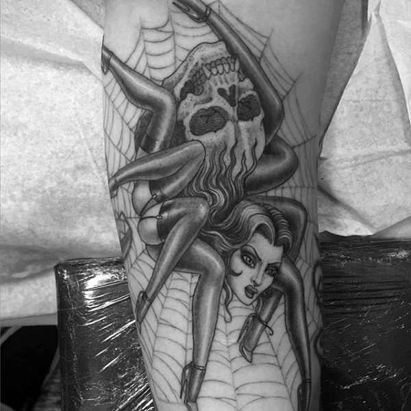 Sexy Lady Spider Tattoo On Arms For Men