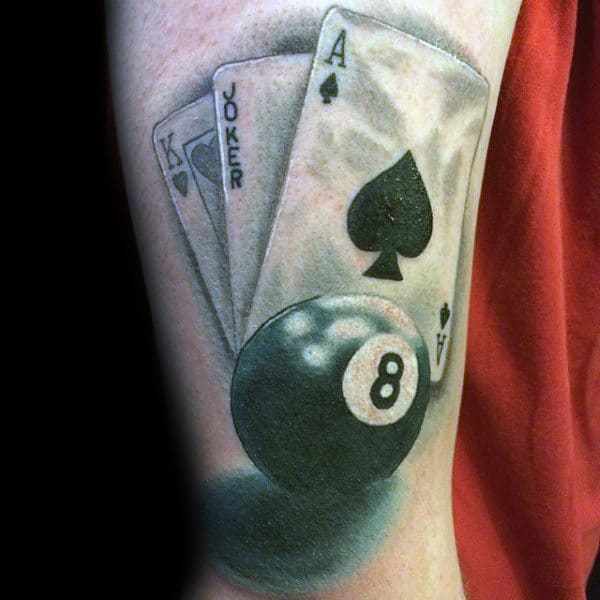 Shaded 3d 8 Ball With Playing Cards Mens Arm Tattoos