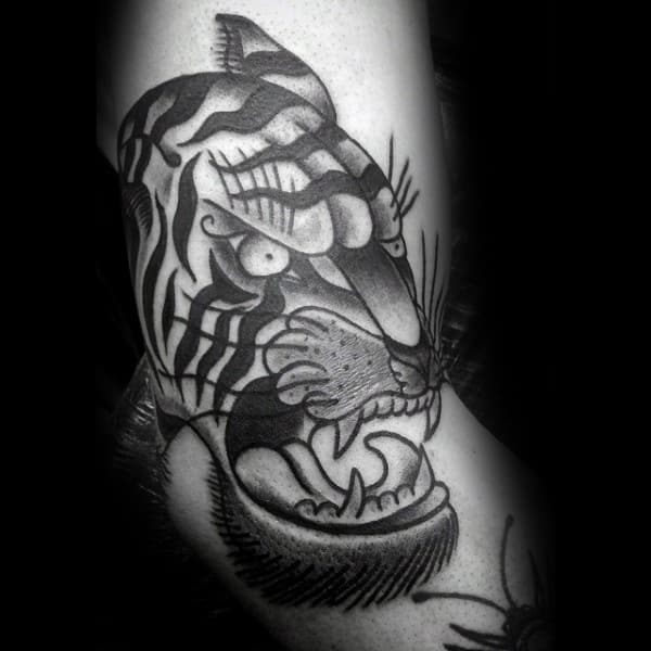 Shaded Agressive Growling Tiger Guys Traditional Arm Tattoos