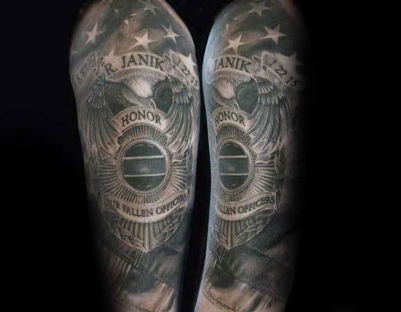 Shaded American Flag With Police Badge Half Sleeve Tattoos For Men
