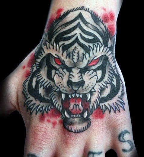 Shaded And Red Ink Traditional Tiger Male Hand Tattoos
