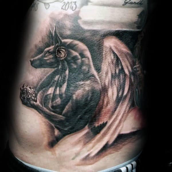 Shaded Anubis With Angel Wings God Rib Cage Side Tattoo For Men