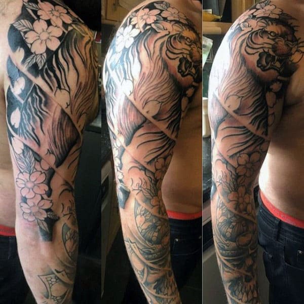 Shaded Back And Grey Ink Male Japanese Tiger Tattoo