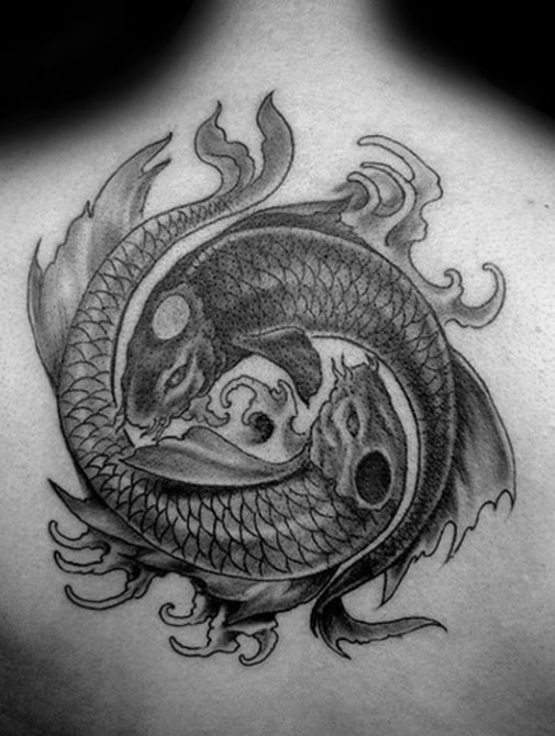 Shaded Back Distinctive Male Yin Yang Koi Fish Tattoo Designs