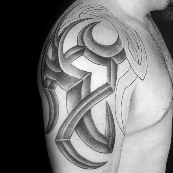 Shaded Black And Grey 3d Tribal Tattoos For Men On Upper Arm