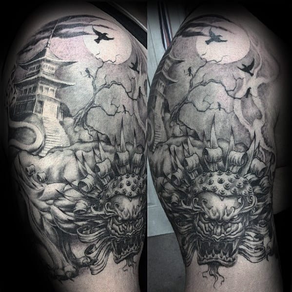 Shaded Black And Grey Angry Fu Dog Japanese Temple Mens Tattoos