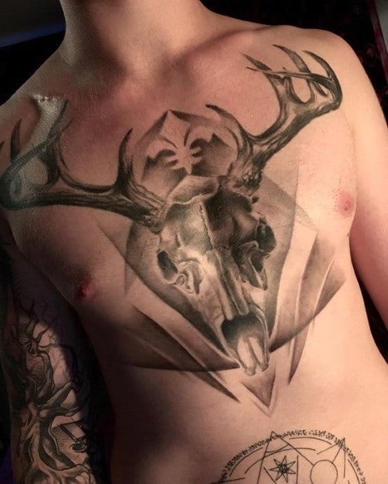 Shaded Black And Grey Animal Skull Chest Tattoos For Men