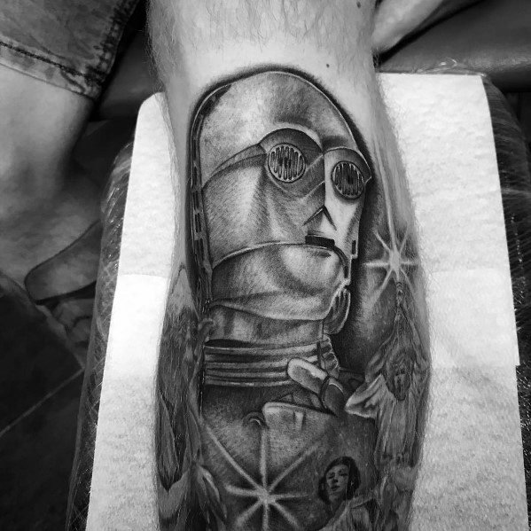 Shaded Black And Grey Awesome C3po Tattoos For Men