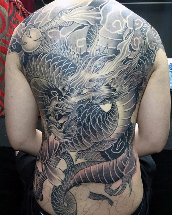Shaded Black And Grey Awesome Male Back Tattoos