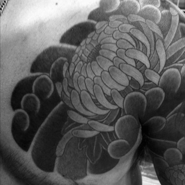 Shaded Black And Grey Chrysanthemum Japanese Tattoo For Male On Chest