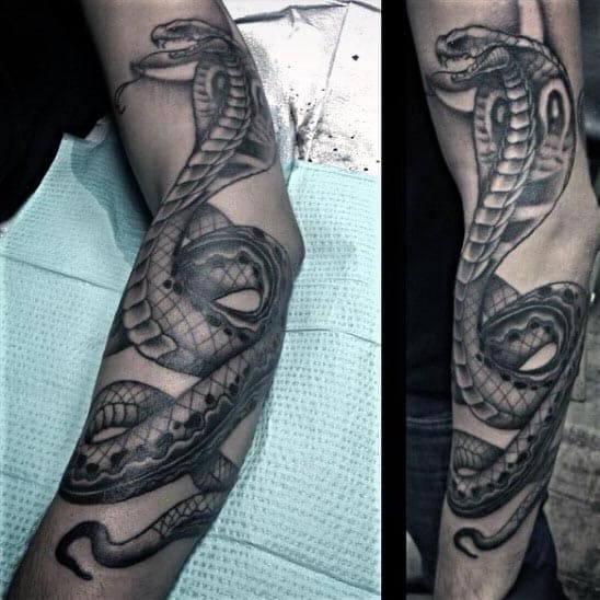 Shaded Black And Grey Cobra Mens Arm Tattoo