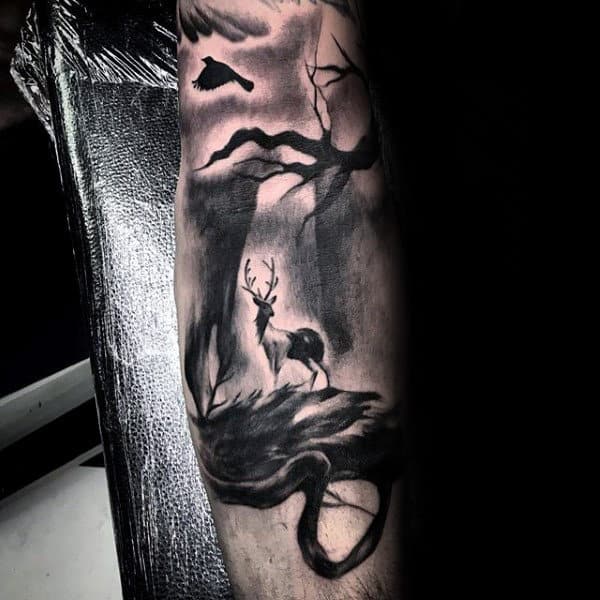 Shaded Black And Grey Deer In Forest Male Arm Tattoos