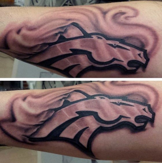 Shaded Black And Grey Denver Broncos Guys Nfl Outer Forearm Tattoo