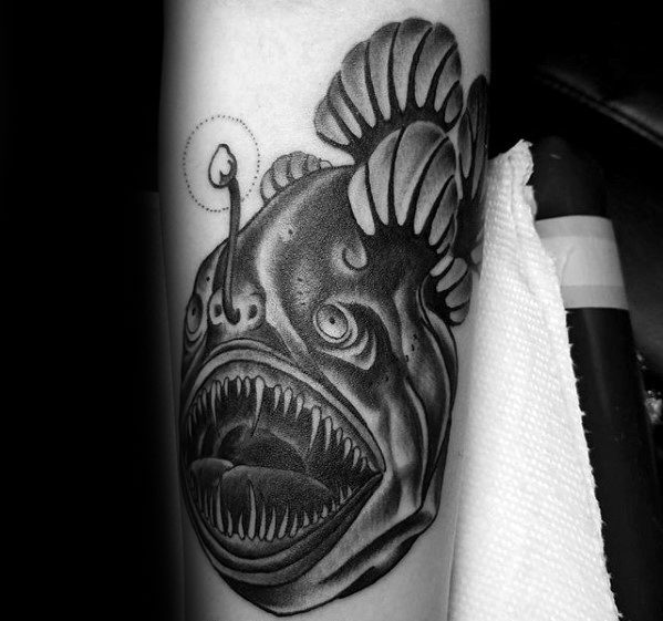 Shaded Black And Grey Forearm Angler Fish Guys Tattoos
