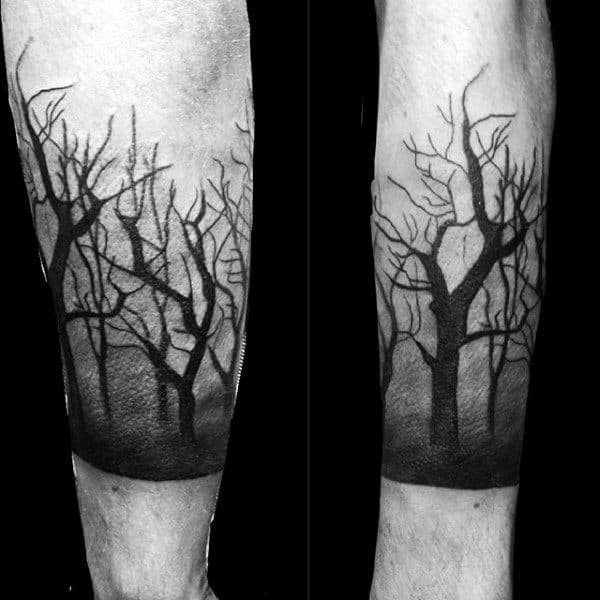 Black and Grey Dark Forest With Mountains In The Tattoo Idea  BlackInk