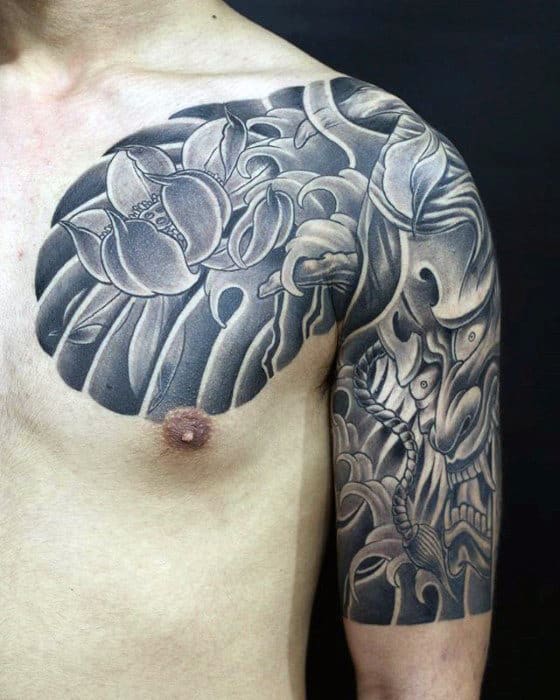 Shaded Black And Grey Guys Flower Demon Mask Half Sleeve And Chest Japanese Tattoos