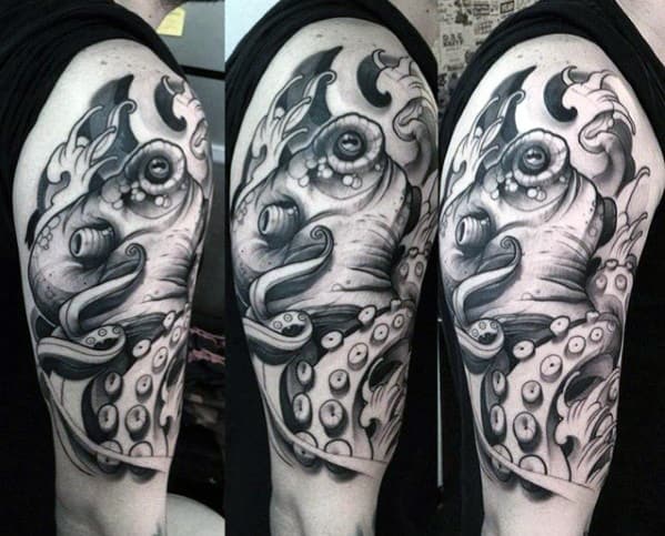 Shaded Black And Grey Guys Half Sleeve Japanese Octopus Tattoo Ideas