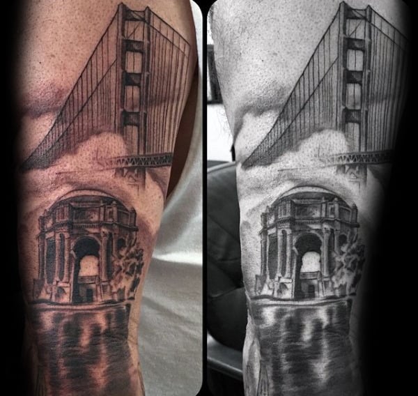 Shaded Black And Grey Guys San Francisco Golden Gate Bridge Tattoos