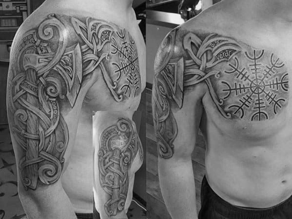 Shaded Black And Grey Half Sleeve And Chest Helm Of Awe Tattoo Ideas For Males