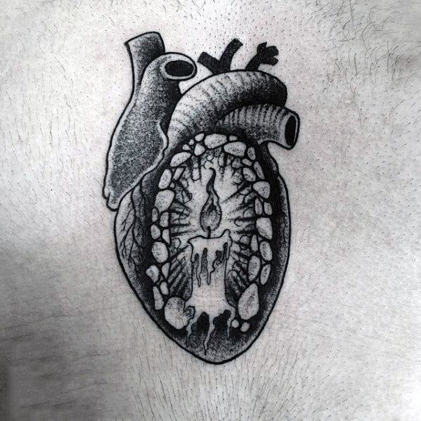 Shaded Black And Grey Heart With Candle Traditional Chest Tattoo