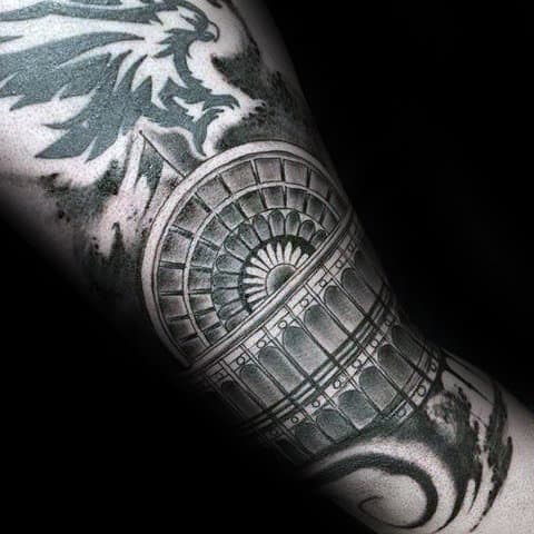Shaded Black And Grey Ink Building Windows Tattoo On Male