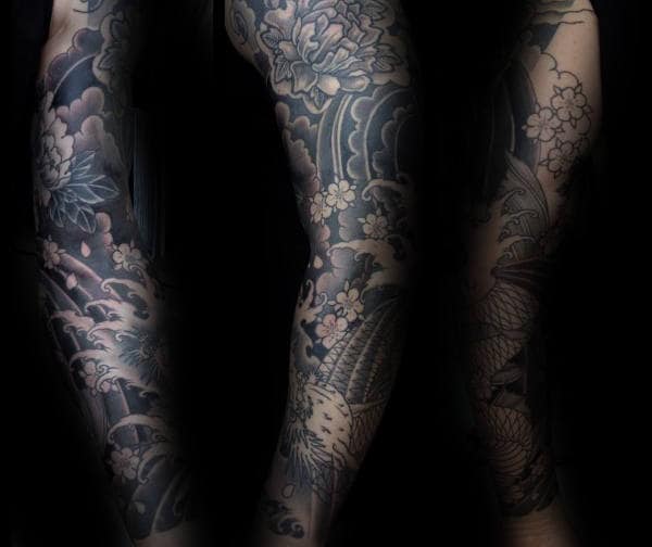 Shaded Black And Grey Ink Cherry Blossom Japanese Male Full Sleeve Tattoos