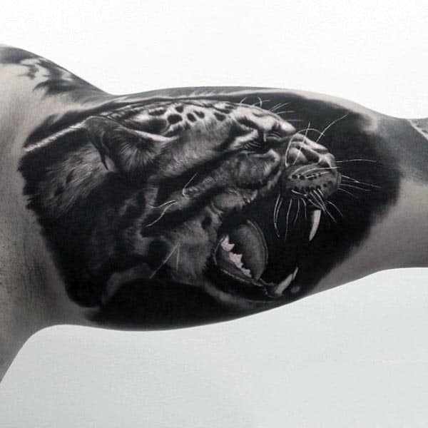 Shaded Black And Grey Ink Cool Inner Arm Guys Jaguar Tattoo
