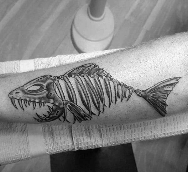 Shaded Black And Grey Ink Fish Skeleton Tattoo Ideas For Guys