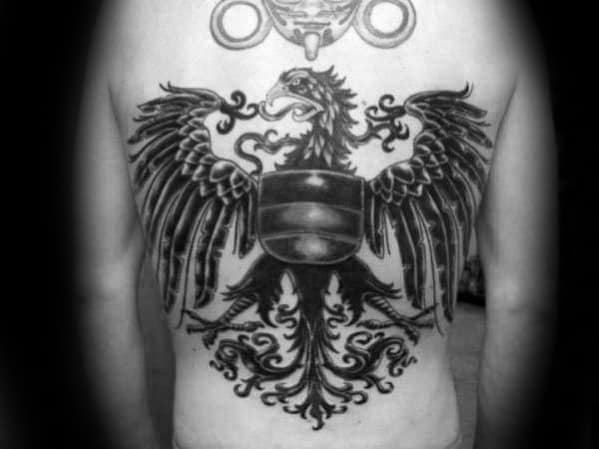 Shaded Black And Grey Ink Guys Full Back German Eagle Tattoo Ideas
