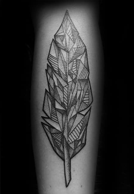 Shaded Black And Grey Ink Guys Geometric Feather Tattoo Deisgns