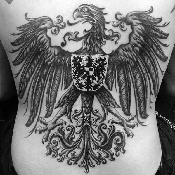 Shaded Black And Grey Ink Guys German Eagle Back Tattoos