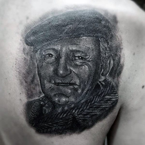 Shaded Black And Grey Ink Guys Grandpa Portrait Tattoo On Shoulder Blade