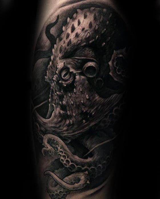 Shaded Black And Grey Ink Guys Octopus Arm Tattoo Design Ideas