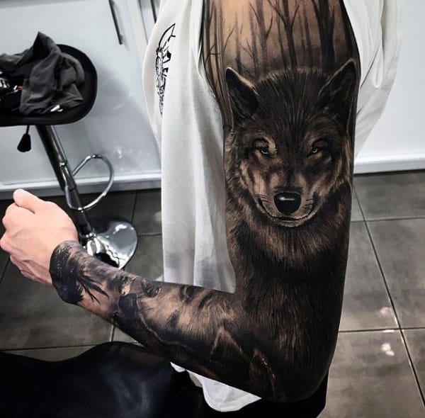 Shaded Black And Grey Ink Guys Unique Wolf Tattoo Ideas