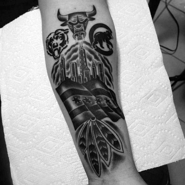 Shaded Black And Grey Ink Inner Forearm Chicago Cubs Tattoos Guys
