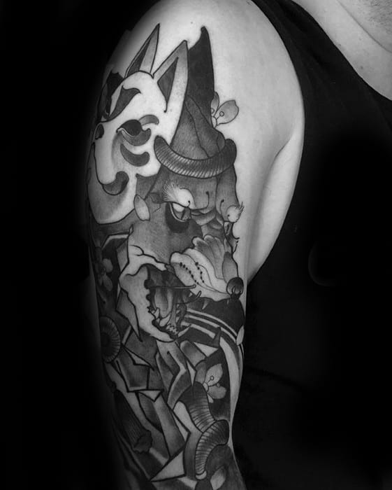 Shaded Black And Grey Ink Kitsune Arm Tattoo Ideas For Guys