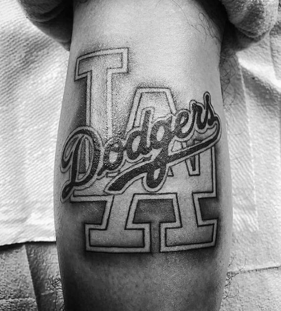 Shaded Black And Grey Ink Leg Calf La Dodgers Tattoos Guys