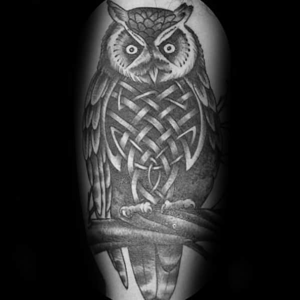 Shaded Black And Grey Ink Leg Celtic Owl Male Tattoos