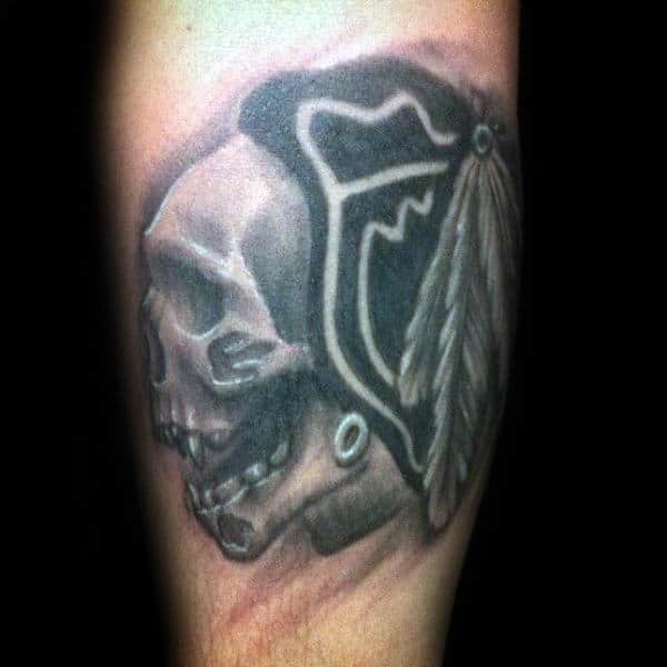 Shaded Black And Grey Ink Male Chicago Blackhawks Tattoo Deisgns